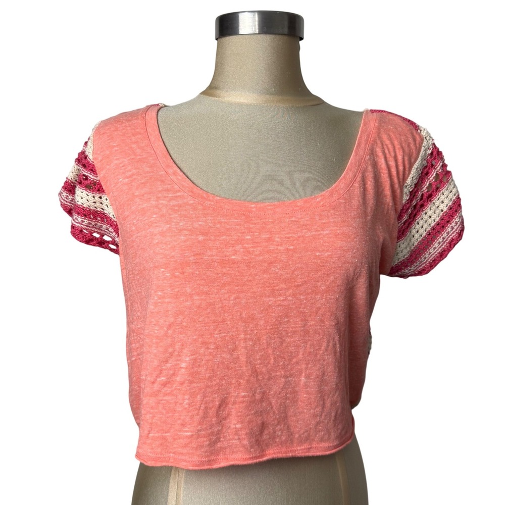 We The Free Free People Coral Pink Crochet Back Crop Top Medium Boho Festival